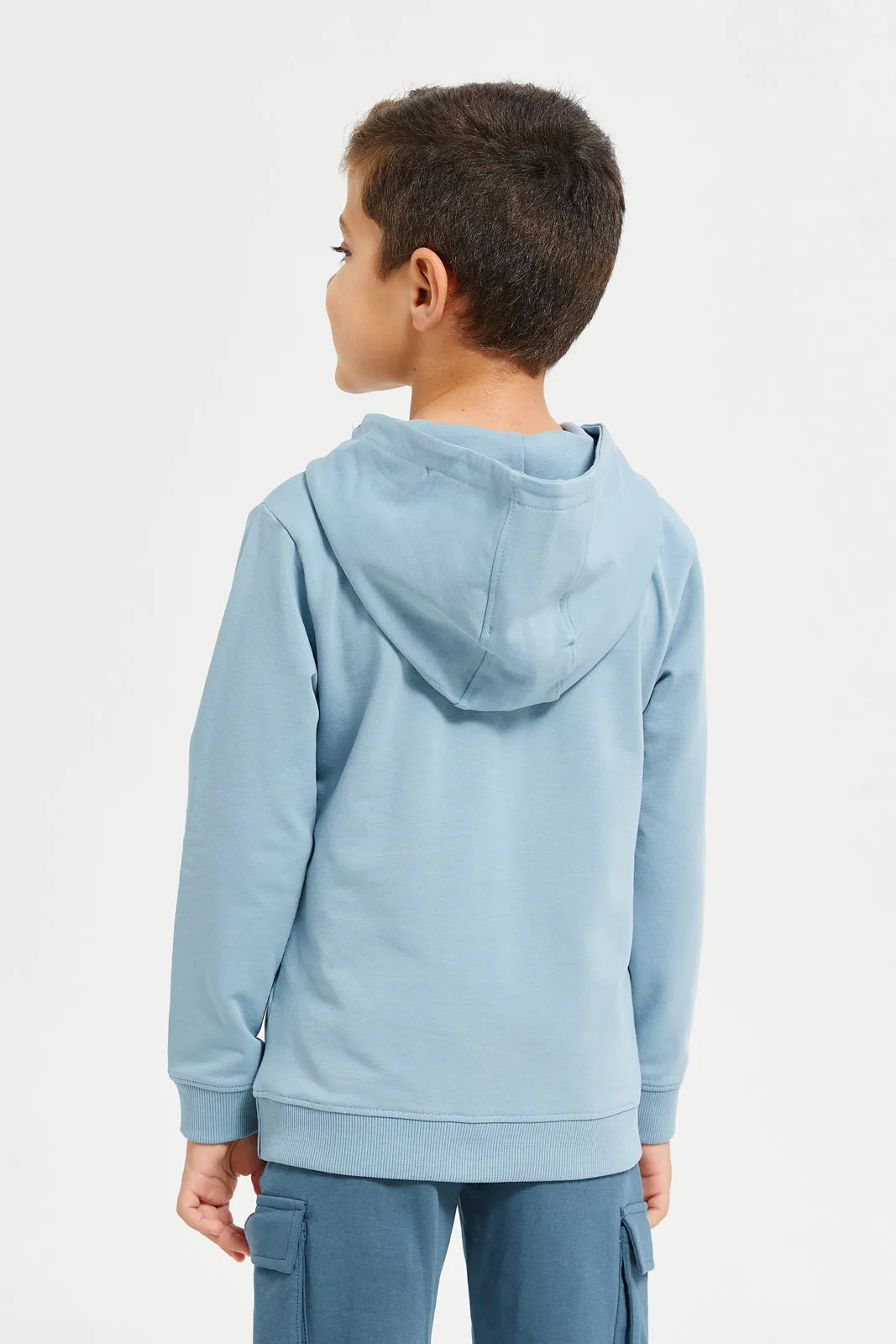 Boys Blue Hooded Printed Sweatshirt