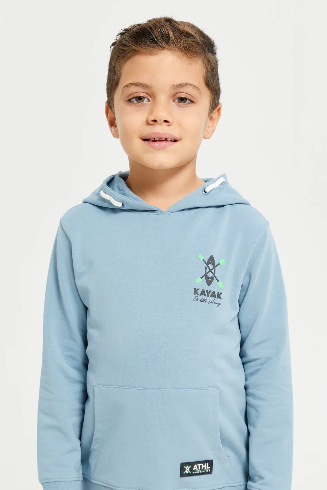 Boys Blue Hooded Printed Sweatshirt