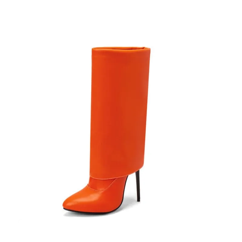 Bright Orange Pointed Toe Knee-high Boots with Zipper