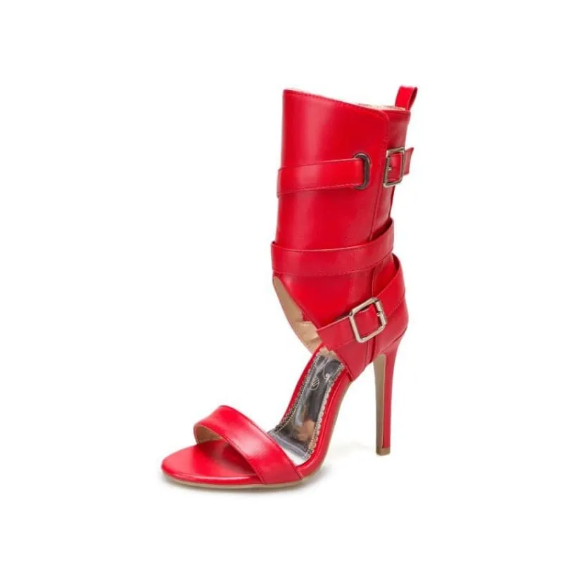 Bright Red Open Toe Mid Leg Multi Buckle Sandals