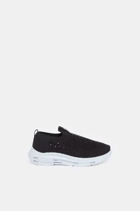 Girls Black Diamante Slip-On Sneakers