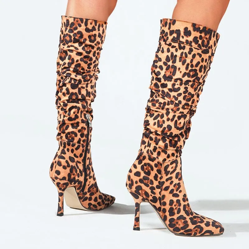 Ladies Knee High Leopard Print High-heeled Boots