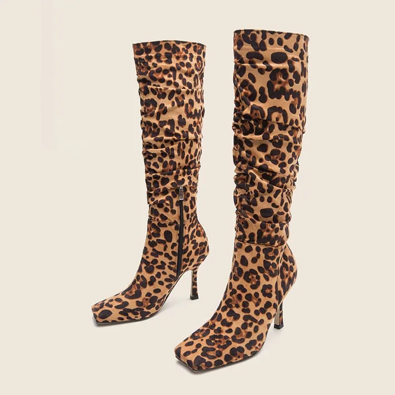 Ladies Knee High Leopard Print High-heeled Boots