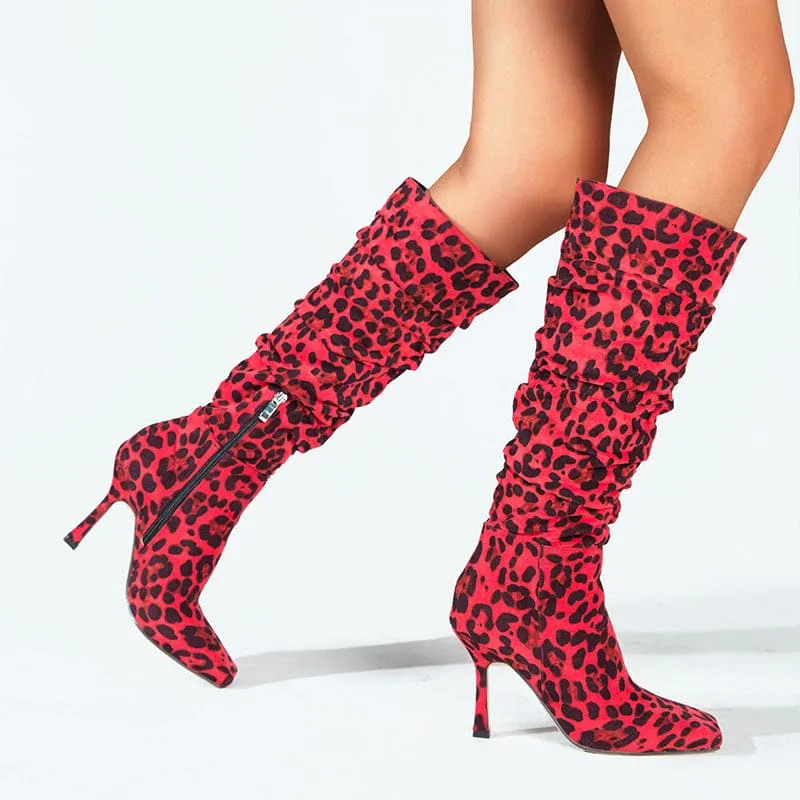 Ladies Knee High Leopard Print High-heeled Boots