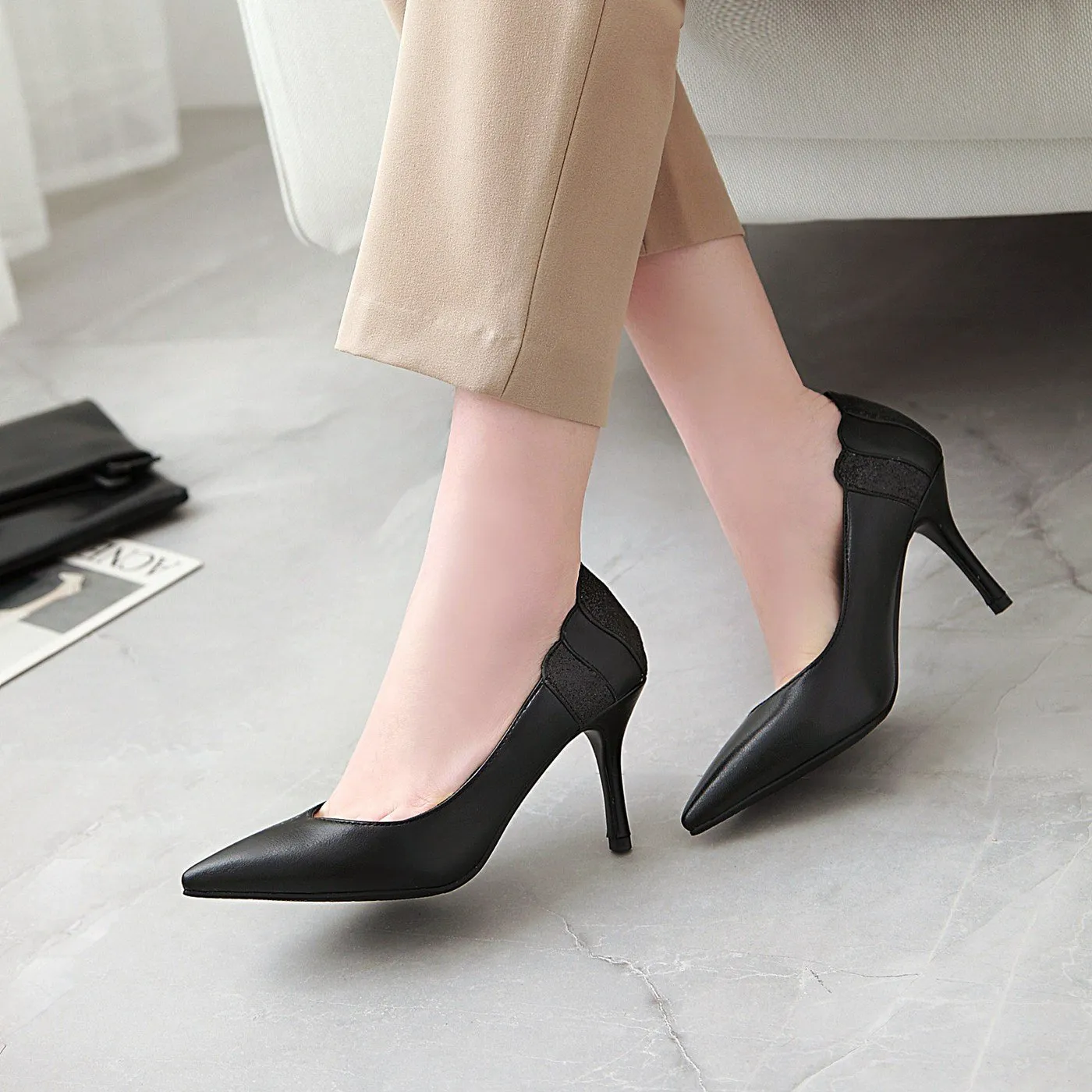 Lady Woman's Shoes High-heeled Shallow Super-fibre Pointed Toe Pumps