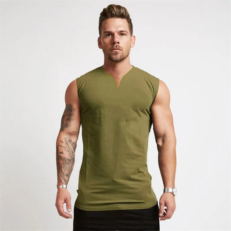 Mens Solid Color V-Neck Sports Bodybuilding Fitness Training Sleeveless Tank Top