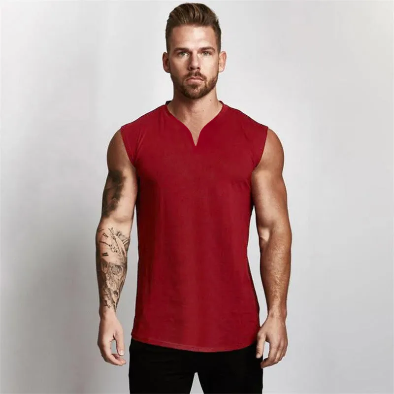 Mens Solid Color V-Neck Sports Bodybuilding Fitness Training Sleeveless Tank Top