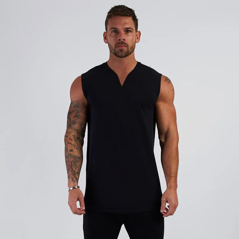 Mens Solid Color V-Neck Sports Bodybuilding Fitness Training Sleeveless Tank Top