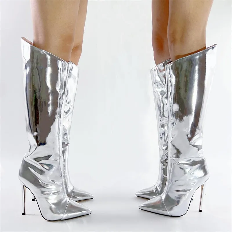 Metallic Leather Heels Boots