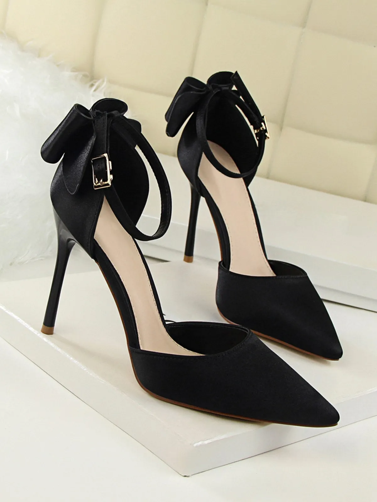 Pointed Toe Bow Strap Satin High Heels Shoes