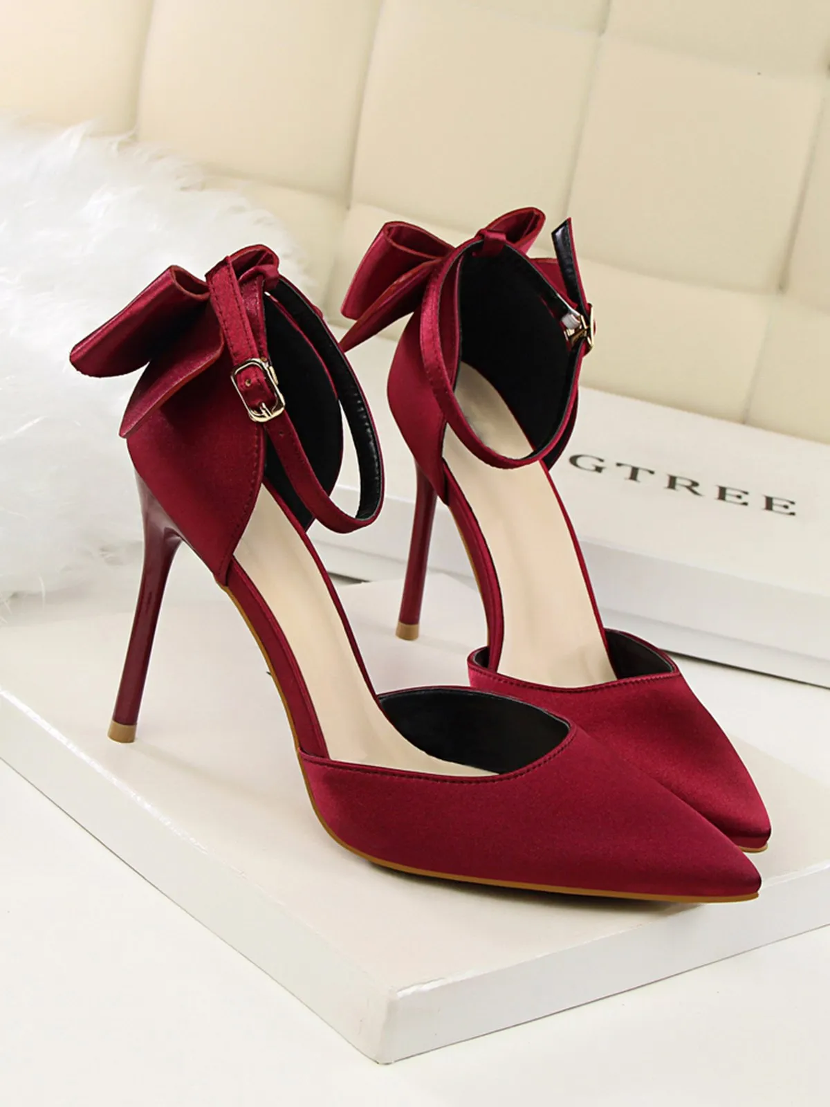 Pointed Toe Bow Strap Satin High Heels Shoes