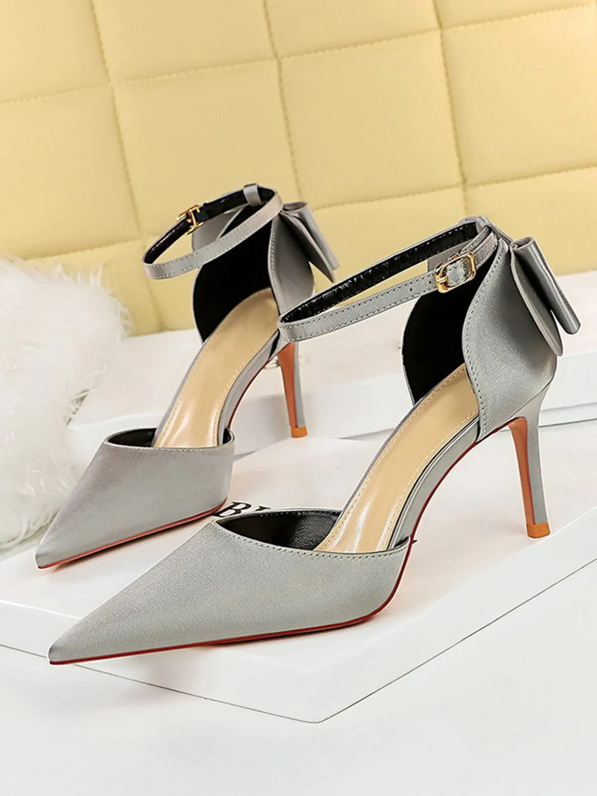 Pointed Toe Bow Strap Satin High Heels Shoes