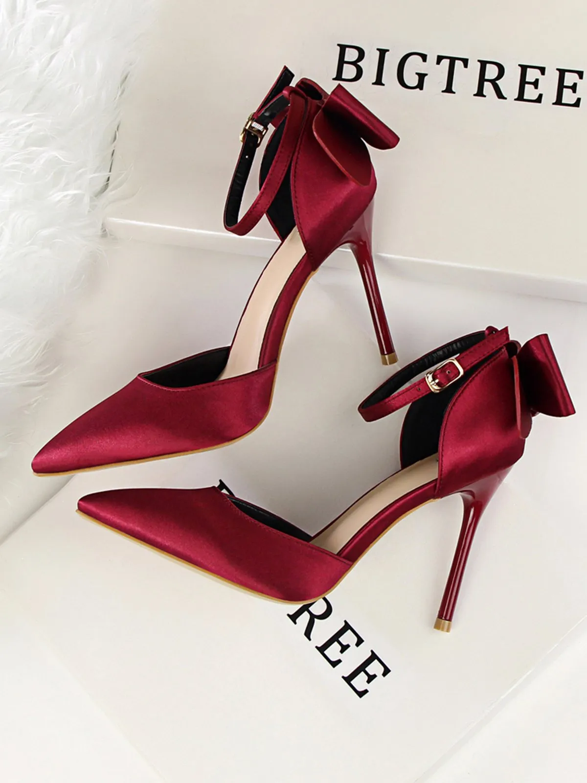 Pointed Toe Bow Strap Satin High Heels Shoes