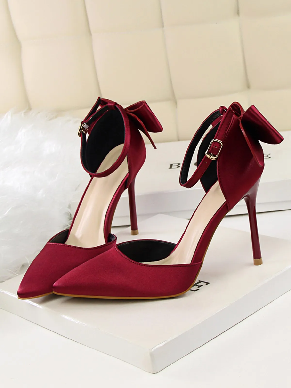 Pointed Toe Bow Strap Satin High Heels Shoes