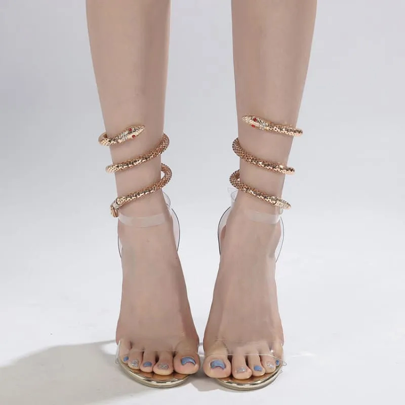 Rhinestone High Heel Sandals with Snakelike Winding Straps