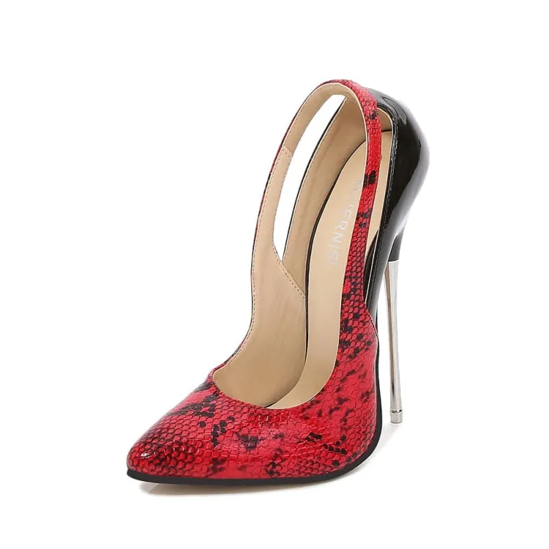 Snake Print Design Metal Stiletto Heels in Red, Teal, and White