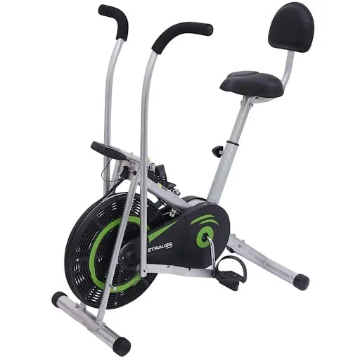 Strauss Air Bike Exercise Cycle with Moving or Stationary Handle | Side Handle for Support | Adjustable Resistance with Cushioned Seat | Fitness Cycle for Home Gym (Back Support, (Green))