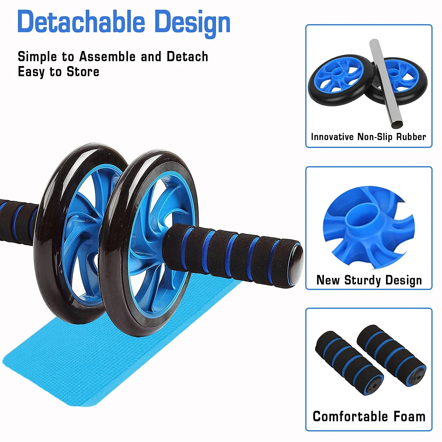 Strauss Double Wheel Ab Exerciser With Knee Mat | Anti Skid Wheel Base,Non Slip Foam Handles & Dual Abdominal Exercise | Core Workout | Ideal For Home Workout for Abs, Tummy, (Blue)