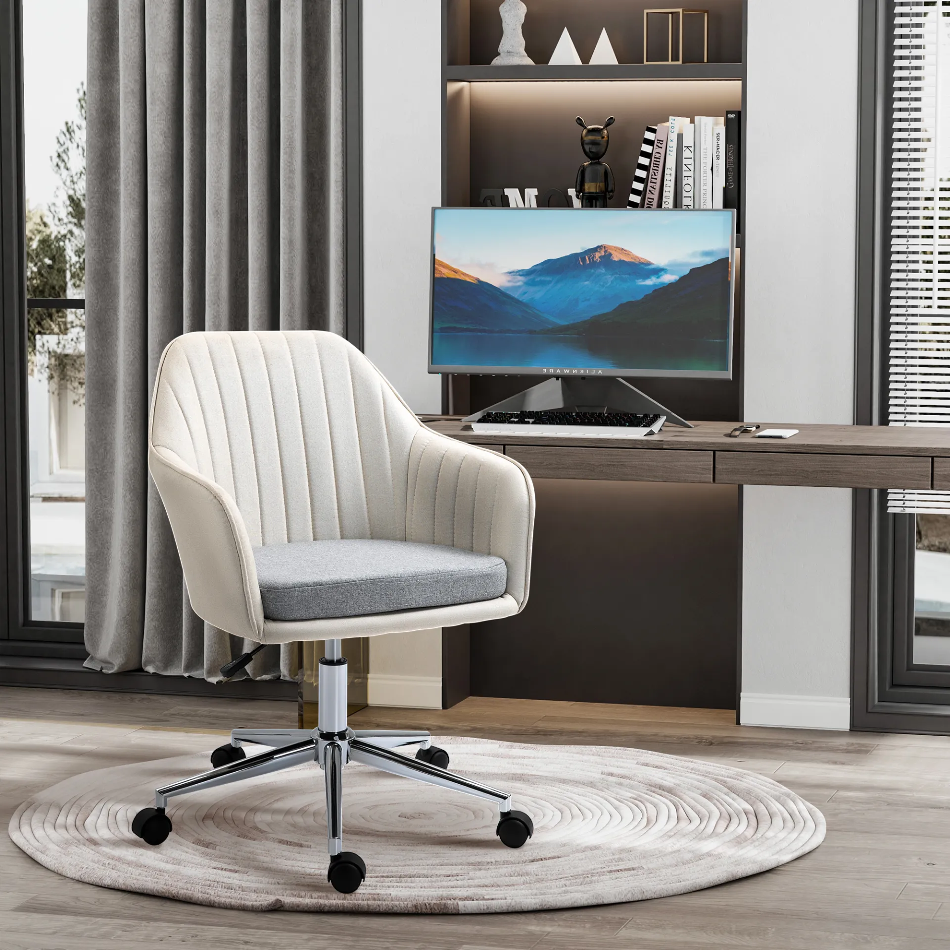 Vinsetto Ergonomic Linen Fabric Office Chair - Adjustable Swivel, Scallop Shape, Beige | Comfortable, Stylish, Durable