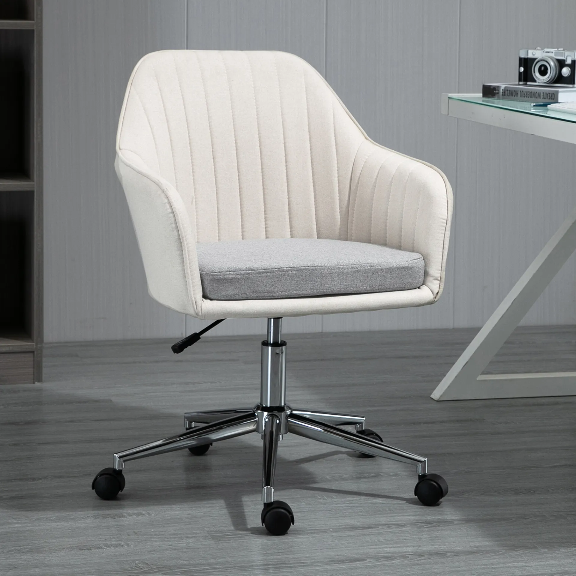 Vinsetto Ergonomic Linen Fabric Office Chair - Adjustable Swivel, Scallop Shape, Beige | Comfortable, Stylish, Durable