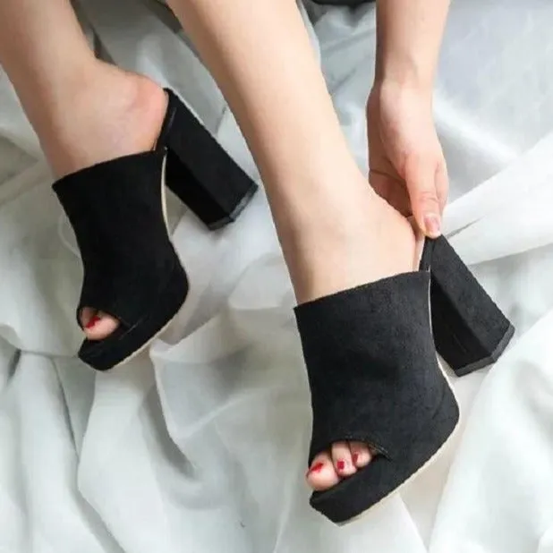 Women solid color platform peep toe slide chunky heels