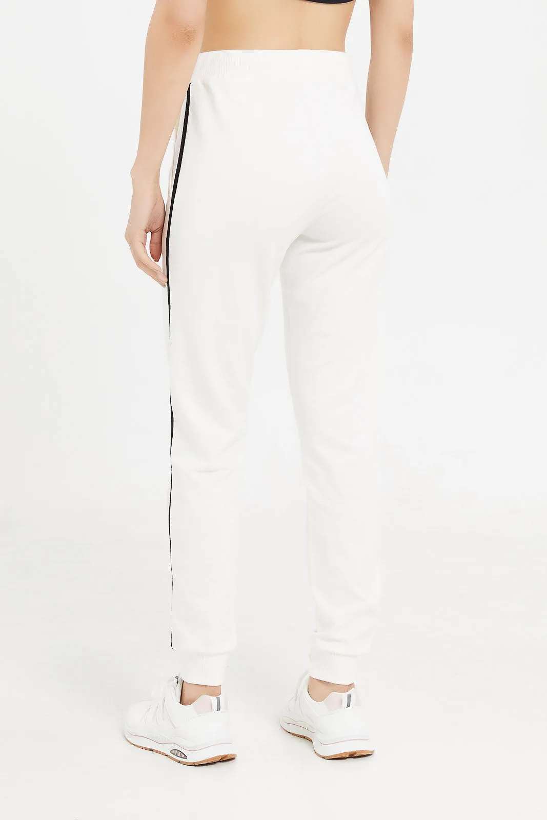 Women White Basic Joggers With Side Tape And Pockets