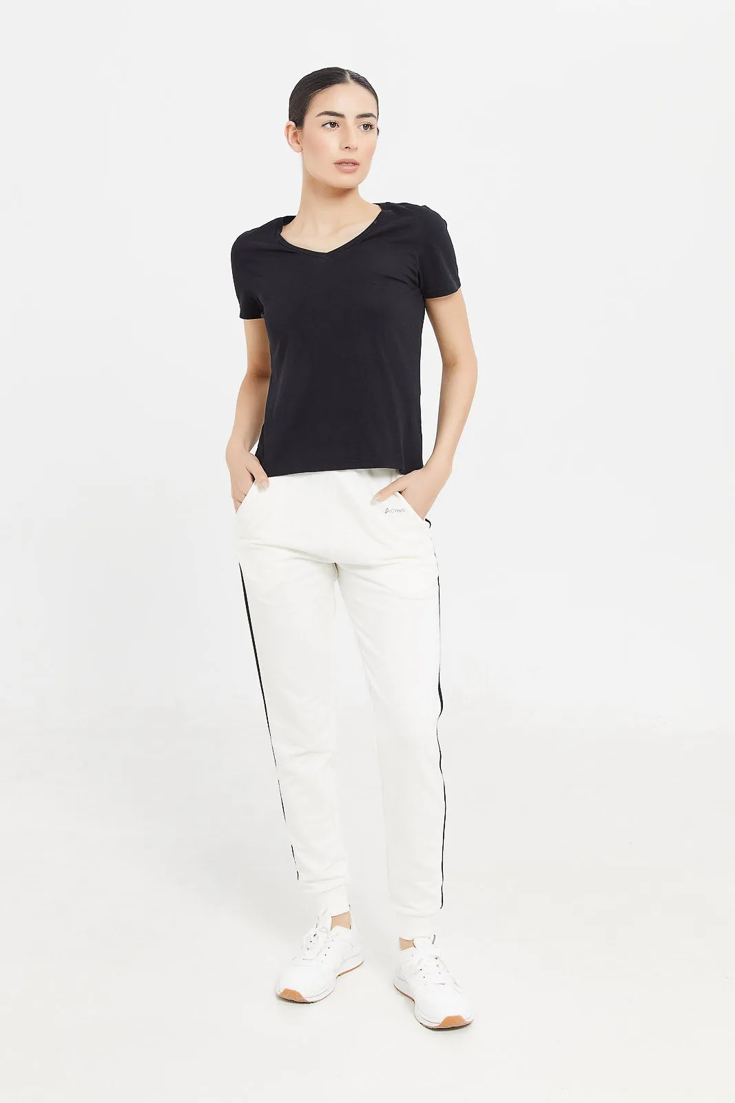 Women White Basic Joggers With Side Tape And Pockets