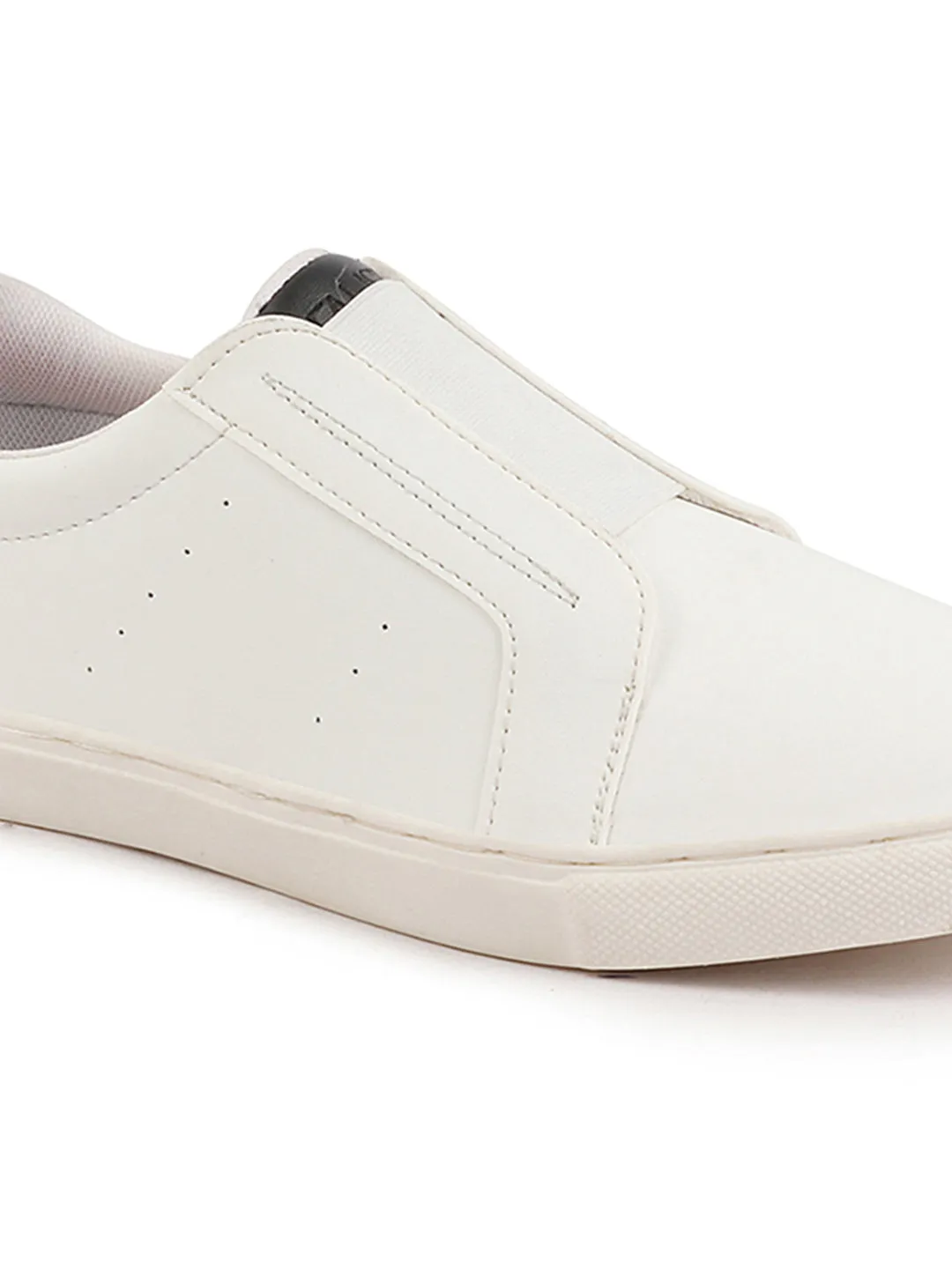 Women White Elastic Closure Stitched Comfort Slip On Sneaker Shoes