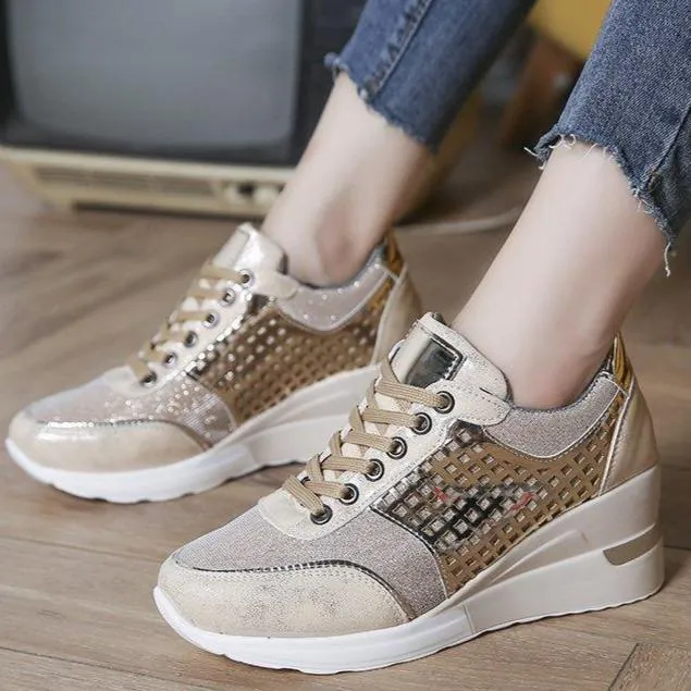 Women's casual wedge sneakers hollow sequined running shoes